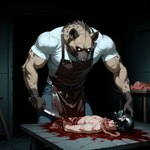 anthro apron blind blood bodily_fluids bottomwear clothing crazy_eyes dead_body gore guts intestines knife male mask muscular organs pants scar shirt snuff t-shirt topwear violence vlrgromns hyaenid mammal hi_res