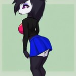 anthro avian bird black_hair bottomwear breasts clothing eyeshadow female hair helluva_boss looking_at_viewer looking_back looking_back_at_viewer makeup moglo non-mammal_breasts octavia_(helluva_boss) owl purple_eyes purple_eyeshadow skirt solo thick_thighs underwear upskirt