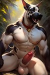 animal_genitalia anthro balls bodily_fluids canine_genitalia fur genital_fluids genitals humanoid_genitalia humanoid_penis male muscular muscular_male nipples nude penis smile solo white_body r0t canid canine canis domestic_dog great_dane mammal mastiff molosser hi_res