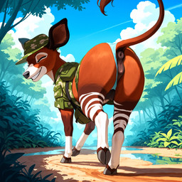 anatomically_correct anatomically_correct_genitalia animal_genitalia animal_pussy anus camo camo_clothing camo_print clothed clothed_feral clothing clothing_aside cloud day digitigrade equine_pussy eyes_closed fanny_pack female feral forest genitals hooves looking_at_viewer looking_back looking_back_at_viewer outside panties panties_aside pattern_clothing plant puffy_anus pussy rainforest raised_leg rear_view smile smiling_at_viewer solo tree underwear underwear_aside pleasedontlook giraffid mammal okapi hi_res