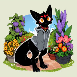 4_toes ambiguous_gender anthro black_body black_fur bottomless claws clothed clothing collar digitigrade facial_markings feet flower fur garden head_markings hoodie hoodie_only looking_at_viewer male markings orange_eyes outside plant plant_pot potted_plant shrub solo standing tail toes topwear topwear_only tuft anotheranon canid canine fox mammal absurd_res hi_res