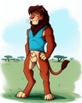 animal_genitalia anthro balls bottomless claws clothed clothing digitigrade fully_sheathed genitals grass green_eyes hand_on_hip looking_at_viewer male plant savanna sheath shirt sleeveless solo standing topwear tree yellow_sclera hamgas_(director) kovu_(the_lion_king) felid lion mammal pantherine hi_res