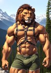 absurd_res anthro bottomwear bulge bumblebee95 clothing detailed detailed_background detailed_fur felid harness hi_res lion looking_away male mammal mane muscular pantherine realistic shorts solo