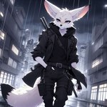 anthro black_clothing clothing dall-e_3 fingerless_gloves front_view fur gloves handwear male night outside purple_eyes raining solo standing weapon weapon_on_back white_body white_fur lucifluffy wilek canid canine fennec fox mammal