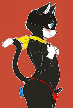 4_fingers anal anal_penetration anthro balls belly black_body black_fur black_genitals blue_eyes blush bulge butt buttplug cat_nose claws claws_out clothed clothing erection fingers fur genitals glans half-closed_eyes hands_on_own_chest humanoid_genitalia humanoid_penis male mask multicolored_body multicolored_fur narrowed_eyes object_in_ass partially_clothed penetration penis plug_(sex_toy) red_background red_clothing red_thong red_underwear scar scarf sex_toy sex_toy_in_ass sex_toy_insertion side_view simple_background small_balls small_penis smile solo tail teeth_showing thong underwear yellow_scarf ocito morgana_(persona) domestic_cat felid feline felis mammal digital_media_(artwork) hi_res krita_(artwork) sketch