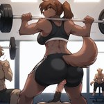 1:1 animal_genitalia animal_penis anthro bodily_fluids bottomwear brown_body brown_eyes brown_fur canid canine canis clothing duo equid equine equine_genitalia equine_penis exercise female fur genitals grinding_against_penis gym gym_clothing hand_on_butt hands_behind_head hi_res horse inside keidran looking_at_viewer male male/female mammal natani penis shirt shorts smile smirk sweat sweaty tank_top topwear tuft twokinds unknown_director weightlifting wolf workout