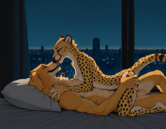 5_fingers abs ambiguous_penetration animal_genitalia anthro anthro_on_anthro anthro_penetrated anthro_penetrating anthro_penetrating_anthro athletic athletic_anthro athletic_male balls bed bedroom black_spots breasts butt city city_background cityscape claws countershading detailed_background duo eye_contact eyes_closed female female_on_top female_penetrated fingers from_front_position fur furniture genitals hand_on_butt happy happy_sex inside interspecies intimate kissing licking looking_at_another looking_pleasured lying male male/female male_on_bottom male_penetrating male_penetrating_female markings multicolored_body multicolored_fur muscular muscular_male night nipples nude on_back on_bed on_bottom on_top open_mouth penetration penile penile_penetration pillow reverse_missionary_position romantic romantic_ambiance romantic_couple sex sheath side_view skyscraper smile spots spotted_body spotted_fur tail teeth tongue tongue_out tuft white_body white_fur window yellow_body yellow_fur anotheranon bird_dog canid canine canis cheetah domestic_dog felid feline golden_retriever hunting_dog mammal retriever absurd_res hi_res