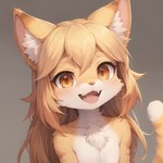 amber_eyes anthro ayegibarb cat_tail fangs felid feline female fur looking_at_viewer mammal smile smiling_at_viewer solo yellow_body yellow_fur