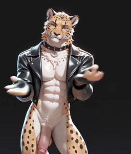 abs anthro athletic athletic_male balls big_penis black_background blinking bottomless bouncing_balls bouncing_penis bracelet cheek_tuft chest_tuft clothed clothing collar collar_ring crotch_tuft dancing facial_tuft fingerless_gloves flaccid front_view fur genitals gloves hand_on_leg hand_on_thigh hands_behind_head handwear jacket jewelry looking_at_viewer looking_up male mouth_closed open_clothing open_jacket open_topwear pecs penis pose praying simple_background solo spiked_bracelet spiked_collar spikes standing tan_body tan_fur topwear tuft v-cut white_body white_fur yellow_eyes cattywampus cheetah felid feline mammal 2025 animated short_playtime webm