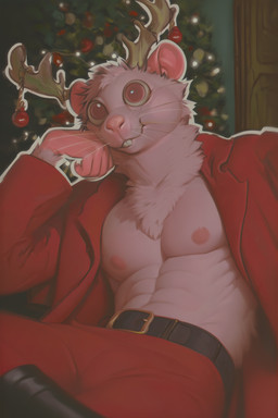 anthro antlers black_boots black_clothing black_footwear boots buckteeth chest_tuft christmas_ornament christmas_theme christmas_tree clothing crossed_legs derp_eyes footwear fur furry_body googly_eyes horn inside leather leather_boots leather_clothing leather_footwear male neck_tuft nipples pink_body pink_fur pink_nipples plant pupils red_pupils santa_suit solo teeth tree tuft kalethorebiter mammal murid murine rat rodent