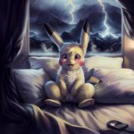 bed female feral furniture generation_1_pokemon genitals hi_res lightning mammal open_mouth pikachu pillow pokemon_(species) polemon pussy rodent sitting smile solo sparks spread_legs spreading storm venisoncreampie