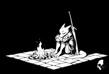 3_toes 4_fingers anthro arm_on_knee black_background bone brick_wall campfire crossed_arms darkness digitigrade eyes_closed feet fingers fur medieval_armor medieval_clothing on_ground simple_background sitting sitting_on_ground skull skull_head solo sword_on_back text toes wall_(structure) weapon weapon_on_back adragocult furred_kobold kobold absurd_res black_and_white hi_res monochrome