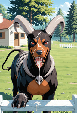 2_horns ambiguous_gender bodily_fluids building cum cum_in_mouth cum_inside cum_on_body cum_on_face cum_on_tongue fence feral genital_fluids horn house looking_at_viewer open_mouth outside paws plant raised_paw solo tail tongue tongue_out tree digitaljackal nintendo pokemon generation_2_pokemon houndoom pokemon_(species) absurd_res hi_res