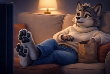 anthro bag black_pawpads bottomwear brown_eyes clothing denim denim_clothing dialogue eating female fur furniture grey_body grey_fur jeans lounging pants pawpads paws slyf0x sofa solo sweater topwear vore watching_tv white_clothing canid canine canis mammal mouse murid murine rodent wolf animated short_playtime sound webm