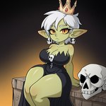 big_breasts bone breasts cleavage clothed clothing crown dress ear_piercing ear_ring female green_body green_skin hair humanoid_pointy_ears midjourney piercing ring_piercing short_stack skull solo starr6645 thick_thighs white_hair goblin humanoid