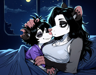 anthro bed biped breasts duo female furniture inner_ear_fluff kissing prick_ears trailer tuft window anonymous_director invoke_high american_opossum didelphid mammal marsupial virginia_opossum hi_res