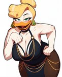 absurd_res anatid anseriform anthro avian big_breasts bird black_clothing black_dress blonde_hair blush blush_lines breasts cleavage clothed clothing cloud9999 disney dress duck ducktales ducktales_(2017) ear_piercing ear_ring eyeliner female goldie_o'gilt hair hair_bun hand_on_chest hand_on_hip hi_res hollow_hip_backless_chain_dress jewelry leaning leaning_forward legwear looking_at_viewer makeup meme meme_clothing narrowed_eyes open_mouth pantyhose piercing portrait ring_piercing seductive simple_background solo thick_thighs three-quarter_portrait tongue white_background white_body white_skin wide_hips