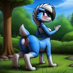 anus blue_body blush bottomless butt clothed clothing embarrassed female generation_7_pokemon genitals looking_back lycanroc pokemon_(species) presenting presenting_hindquarters pussy red_eyes rooai solo taur topwear