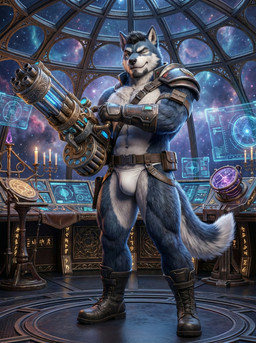 anthro blue_body blue_fur boots clothing cosmic_background footwear fur gun leather_straps looking_at_viewer machine male muscular muscular_anthro muscular_male one_eye_closed ranged_weapon science_fiction smile solo space thong thong_straps underwear weapon wink sweet_husbando canid canine canis mammal wolf absurd_res hi_res