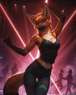 anthro bottomwear breasts cleavage clothed clothing dancing denim denim_clothing eyes_closed eyeshadow eyewear female fur glasses jeans long_legs makeup medium_breasts nightclub orange_body orange_fur pants slim smile solo standing tall thigh_gap topwear tuft ivorymane lucy_(ivorymane) canid canine mammal maned_wolf hi_res watermark