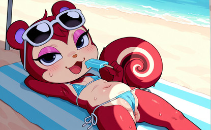 anthro anus anus_peek armpit_showing beach beach_towel bikini blue_bikini blue_clothing blue_eyes blue_swimwear camel_toe clothing eyewear eyewear_on_head female food genital_outline genitals looking_at_viewer makeup micro_bikini mirakelpung plump_labia popsicle pussy pussy_outline sea seaside seductive side-tie_bikini slightly_chubby solo sunglasses sunglasses_on_head swimwear towel water animal_crossing nintendo pecan_(animal_crossing) mammal rodent sciurid tree_squirrel