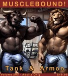 anthro armon bare_chest bottomwear bovid bovine bulge bulky chest_tuft clothing felid gym hi_res lion looking_at_viewer male male/male mammal mane muscular muscular_male pantherine pubic_fuzz tank_(wetfur) tight_bottomwear tight_clothing true_buffalo tuft water_buffalo wetfur_(director)