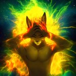 anthro athletic brown_body brown_fur clothed clothing collarbone cosmic_background ears_up explosion eyebrows eyes_closed featureless_chest fire fur half-length_portrait hand_on_head hi_res inner_ear_fluff kangaroo macropod male mammal marsupial mo-net_(director) monotone_body monotone_fur nebula nose pecs portrait solo space star starry_background topless tuft