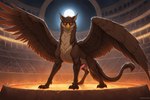 all_fours balls claws dominant dominant_male erection feathered_wings feathers feral front_view genitals horny looking_at_viewer male red_eyes solo spread_wings stadium talons wings wildclaw666 avian gryphon mythological_avian hi_res