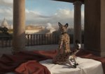 anthro barely_visible_genitalia barely_visible_pussy bed black_pawpads black_pussy collar collar_only degenstoic detailed_background digitigrade felid feline female furniture genitals hi_res kneeling mammal nude on_bed pawpads pussy rear_view rome serval slim solo spread_legs spreading