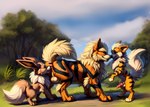 all_fours ambiguous_gender anal anatomically_correct anatomically_correct_genitalia animal_genitalia animal_penis anus arcanine balls canid canine canine_genitalia canine_penis detailed detailed_background detailed_fur director_firewolf eevee feral feral_on_feral furryrock_(model) generation_1_pokemon genitals grass group growlithe hi_res knot licking male male/male mammal oral paws penis plant pokemon_(species) raised_tail rimming sex tongue tongue_out tree trio