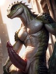 aireveries amber_eyes animal_genitalia anthro athletic athletic_anthro athletic_male big_penis detailed_background erection genital_focus genital_slit genitals glans green_body hi_res lean lizard male nude penis post-apocalyptic presenting presenting_penis realistic reptile ridged_penis scales scalie skinny slit solo spikes tapering_penis