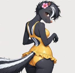 accessory anthro bikini black_body black_fur blush brown_eyes clothing female flower flower_in_hair fluffy fur hair hair_accessory looking_at_viewer looking_back makeup marking markings mascara multicolored_body multicolored_fur plant short_hair skunk_tail solo standing striped_body striped_fur striped_markings striped_tail stripes swimwear tail tail_markings two_tone_body two_tone_fur white_body white_fur white_hair rotateillusion mammal mephitid skunk skunk_girl