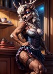 amber_eyes anthro antlers blonde_hair breasts brown_body brown_fur capreoline cervid cleavage clothed clothing female fur garter_belt garter_straps gilkardex hair hand_on_hip hi_res horn looking_at_viewer mammal reindeer smile smug solo