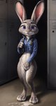 anthro bodily_fluids bottomless clothed clothing covering covering_crotch cum cum_on_face cum_on_ground cum_on_leg digitigrade female front_view fur genital_fluids grey_body grey_fur hi_res judy_hopps lagomorph leporid locker_room looking_at_viewer mammal partially_clothed rabbit smile solo standing tamrad zootopia