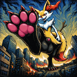 animal_genitalia anthro balls big_balls city claws destruction feet fire foot_focus genitals macro male pawpads penis penis_tip pink_pawpads red_claws sheath solo thedavid nintendo pokemon braixen generation_6_pokemon pokemon_(species) hi_res