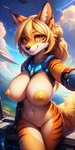 anthro big_breasts blonde_hair breasts canid canine closed_smile cosmicelement cybernetic_arm cybernetic_limb cybernetic_torso felid female fox fur genitals hair hybrid inner_ear_fluff looking_at_viewer mammal navel nipples nude orange_body orange_fur pantherine portrait pussy solo striped_body striped_fur stripes three-quarter_portrait tiger tuft