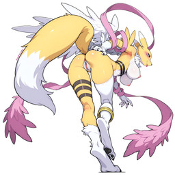 anthro anus asymmetrical_clothing bent_over big_breasts black_claws black_fingernails black_sclera blue_eyes breasts butt claws clothing feathered_wings feathers female fingernails footwear fur fur_markings genitals gloves hand_on_butt handwear hanging_breasts leather_straps leg_strap looking_at_viewer looking_back looking_back_at_viewer markings multicolored_body nails neck_tuft nipples nude pawpads paws pink_clothing pink_nipples pink_pussy presenting presenting_hindquarters pubic_fuzz pussy raised_tail rear_view shawl smug solo standing straps straps_across_chest tail tail_aside tongue tongue_out tuft two_tone_body view_from_below white_body white_clothing white_fur white_gloves white_handwear wings yellow_body yellow_fur yellow_tail kingfurryai digimon angel angewomon canid canine digimon_(species) fox hybrid mammal renamon absurd_res full-length_portrait hi_res portrait