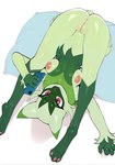 anthro breasts eyebrows facial_markings female fur genitals green_body green_fur head_markings holding_object legs_above_head markings medium_breasts nipples nude nude_female phone pillow pussy raised_eyebrows simple_background solo white_background ahogagu nintendo pokemon floragato pokemon_(species) hi_res