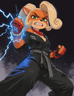 5_fingers angry anthro blonde_hair breasts clothing female fighting_pose fingerless_gloves fingers gloves green_eyes hair handwear jewelry light long_hair looking_at_viewer necklace pose simple_background solo teeth text video_games anonymous_director activision crash_bandicoot_(series) coco_bandicoot mammal marsupial english_text hi_res lighting