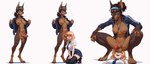 accessory anthro areola biped bottomwear breasts breath_cloud clothing duo erection exposed_breasts female genitals gynomorph headband intersex necktie nipples penis pussy school_uniform skirt uniform whistle anonymous_director invoke_high canid canine canis dobermann domestic_dog human mammal pinscher absurd_res hi_res