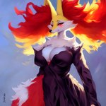 anthro attempted_signature big_breasts blush breasts canid canine clothed clothing delphox dress female fox fur generation_6_pokemon hi_res loathsomemeat mammal pokemon_(species) red_body red_eyes red_fur solo white_body white_fur yellow_body yellow_fur