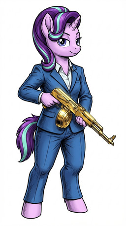 ak-47 anthro assault_rifle barefoot blue_bottomwear blue_clothing blue_pants bottomwear clothing collar collared_shirt draco_pistol dress_shirt drum_magazine feet female fur gold_ak-47 gold_gun grin grinning_at_viewer gun hair handgun hands hooves horn mane multicolored_hair multicolored_mane multicolored_tail nano_banana nano_banana_pro pants pink_body pink_fur pistol purple_hair purple_mane purple_tail ranged_weapon rifle rifle_caliber_pistol semi-anthro semi-anthro_legs shirt shoulder_pads simple_background smile solo suit tail teal_hair teal_mane teal_tail topwear weapon white_background white_clothing white_shirt white_topwear greaterfurrymaster friendship_is_magic my_little_pony draco starlight_glimmer_(mlp) equid equine horse mammal pony unicorn hi_res