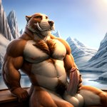 absurd_res anthro balls body_hair genitals hi_res ice male mammal marine masturbation nipples outdoors outside pecs penis pinniped pubes pup_tobey snow solo tusks walrus