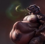 anthro backlighting belly_bulge brown_body brown_fur burp_cloud burping cloud_emanata collar fangs felid fur gradient_background hybrid light lighting male mammal moobs nipples pantherine red_eyes simple_background solo stablexaivore stripes teeth tiger tongue vore