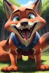 all_fours angry_puppy anthro bodily_fluids bottomwear canid canine clothing dripping forest forest_background fox grass green_eyes looking_at_viewer male mammal nature nature_background nick_wilde open_mouth plant police_uniform saliva saliva_drip skirt smile smiling_at_viewer solo teeth tongue tongue_out tree uniform zootopia