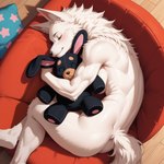 anthro athletic cuddling cushion eyes_closed female fur happy high-angle_view inside pillow plushie sleeping solo toy white_body white_fur wheel_of_fortune canid canine canis mammal wolf hi_res