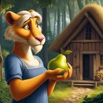 anthro basket blue_clothing clothing container director_cougar felid female food forest fruit fur hut lion mammal orange_body orange_fur pantherine path pear pink_nose plant shrub solo tree