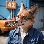 anthro blue_eyes car cigarette clothing coveralls eyewear fur glasses jumpsuit looking_at_viewer male orange_body orange_fur outside photorealism realistic shirt smoke smoking solo tank_top topwear vehicle whiskers white_body white_fur locksnap locksnap_(character) canid canine fox mammal