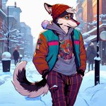 ambiguous_gender anthro beanie bottomwear building canid canine canis clothed clothing domestic_dog group hands_in_both_pockets hat headgear headwear hoodie husky jacket male mammal nordic_sled_dog open_clothing open_jacket open_topwear outside pajama_pants pants pattern_bottomwear pattern_clothing pattern_pants plaid plaid_bottomwear plaid_clothing plaid_pants sky snow spitz tail thedarkshadow1990 topwear town trio urban_background walking