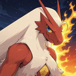 ambiguous_gender anthro beak blue_eyes eyelashes feathers fire looking_at_viewer red_body red_feathers smile solo white_body white_feathers yellow_sclera jtizzle1989 nintendo pokemon blaziken generation_3_pokemon pokemon_(species) headshot_portrait portrait